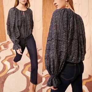 NWT Ulla Johnson Cora Puff-Sleeve Tie Layered Boat Neck Blouse Navy Blue Size: 2